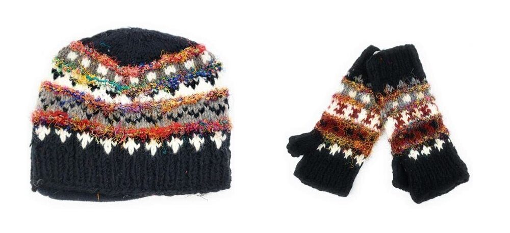 7005 Hand Knit Wool & Recycled Silk Beanie Hat & Fingerless Gloves Set